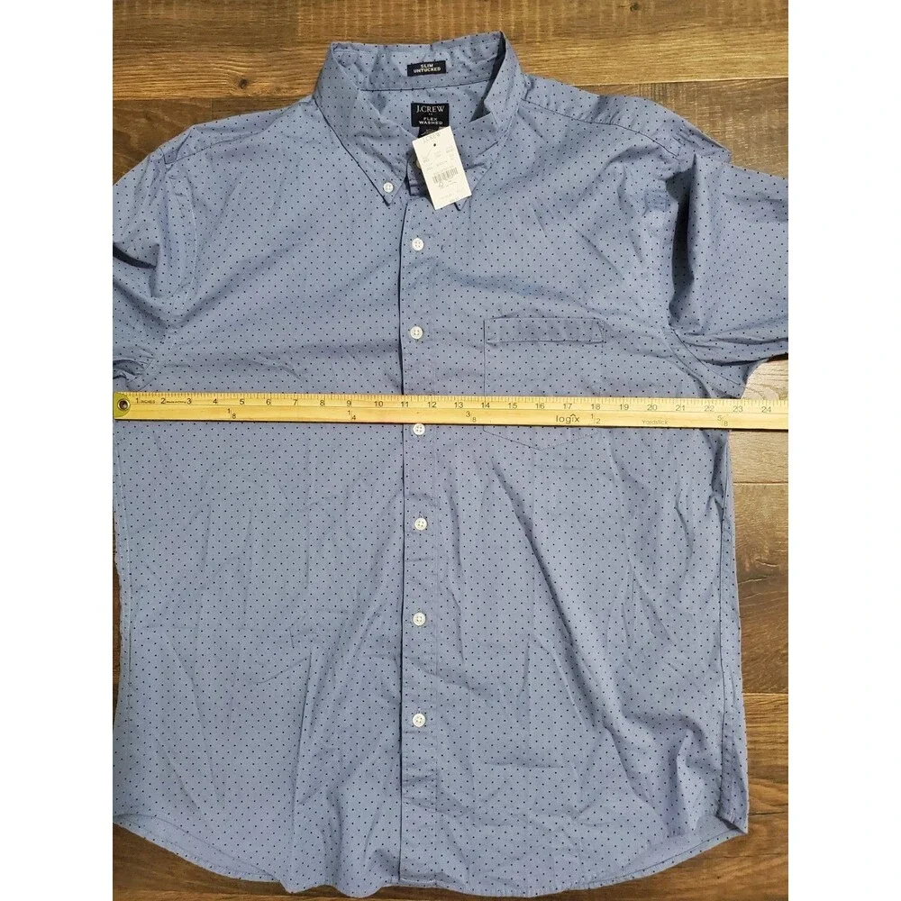 J. Crew Flex Washed Shirt Button Down Men XL Blue Polka Dots Stretch Slim NEW